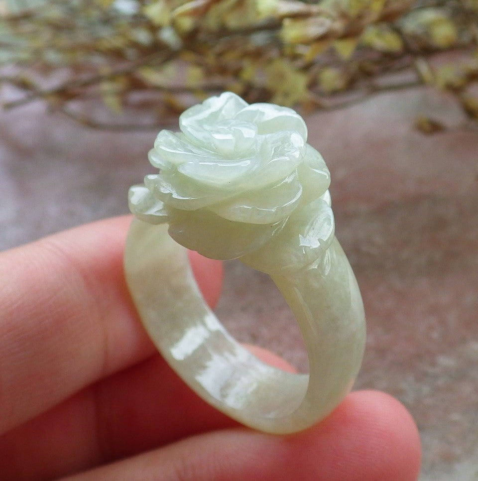 US 11.5 Certified Hand Carved Natural Myanmar Burma A JADE Jadeite Rose Flower Ring