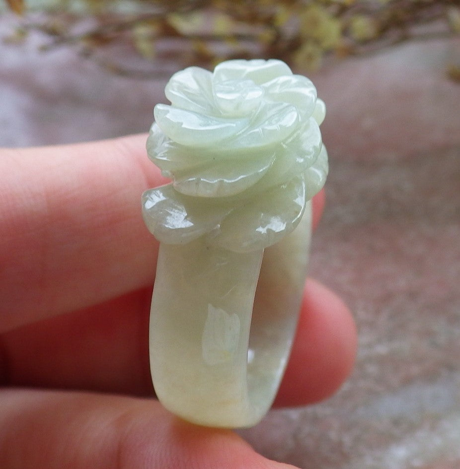 US 11.5 Certified Hand Carved Natural Myanmar Burma A JADE Jadeite Rose Flower Ring