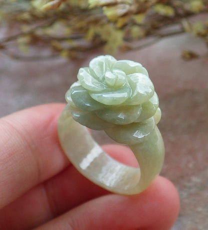US 11.5 Certified Hand Carved Natural Myanmar Burma A JADE Jadeite Rose Flower Ring