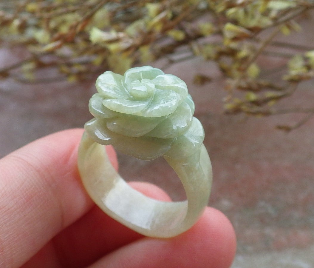 US 11.5 Certified Hand Carved Natural Myanmar Burma A JADE Jadeite Rose Flower Ring