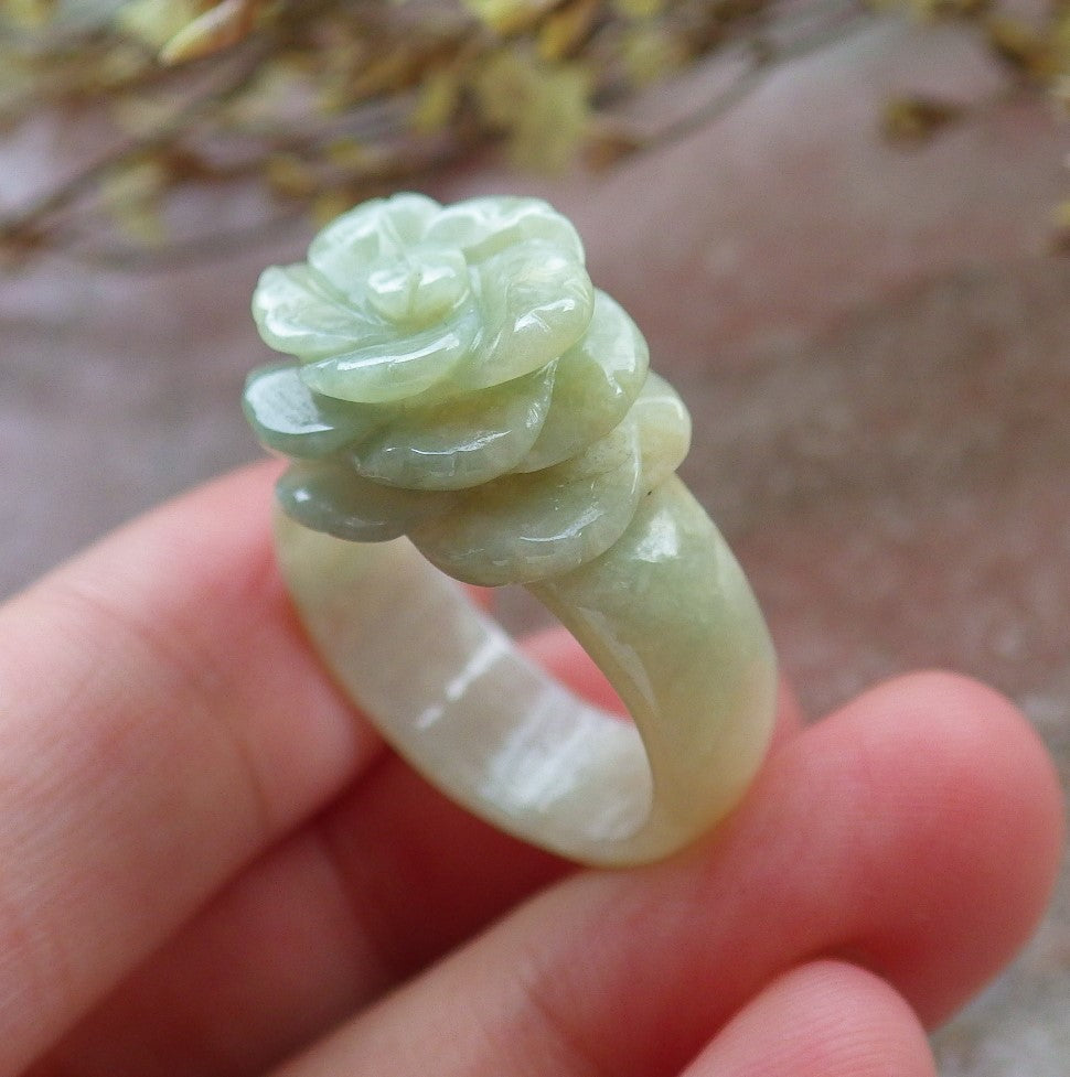 US 11.5 Certified Hand Carved Natural Myanmar Burma A JADE Jadeite Rose Flower Ring