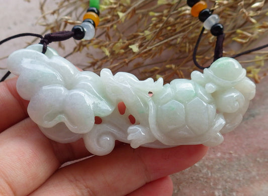 Certified Hand Carved Green Natural Myanmar Burma A Jade Jadeite Dragon Turtle Ruyi Pendant Necklace