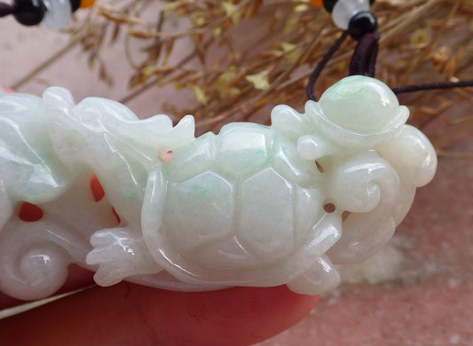 Certified Hand Carved Green Natural Myanmar Burma A Jade Jadeite Dragon Turtle Ruyi Pendant Necklace