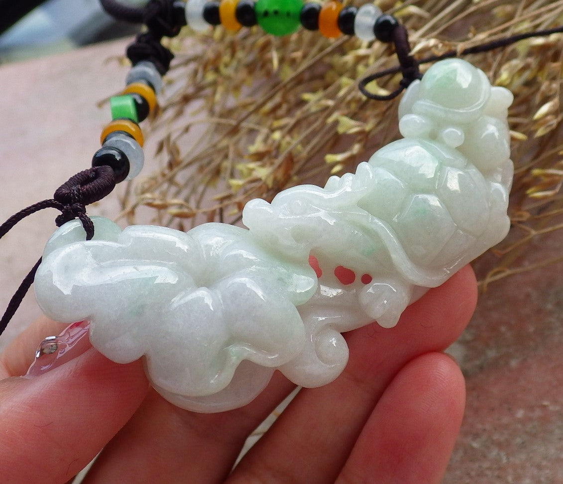 Certified Hand Carved Green Natural Myanmar Burma A Jade Jadeite Dragon Turtle Ruyi Pendant Necklace
