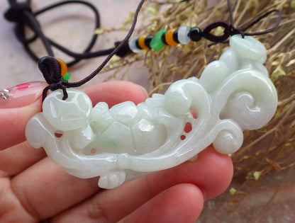 Certified Hand Carved Green Natural Myanmar Burma A Jade Jadeite Dragon Turtle Ruyi Pendant Necklace