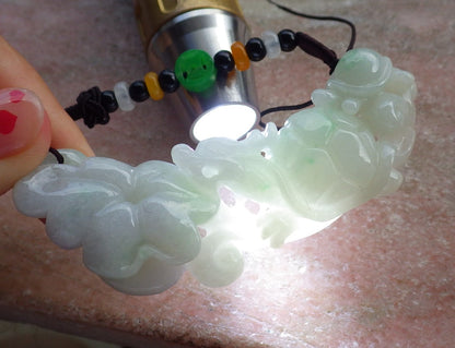 Certified Hand Carved Green Natural Myanmar Burma A Jade Jadeite Dragon Turtle Ruyi Pendant Necklace