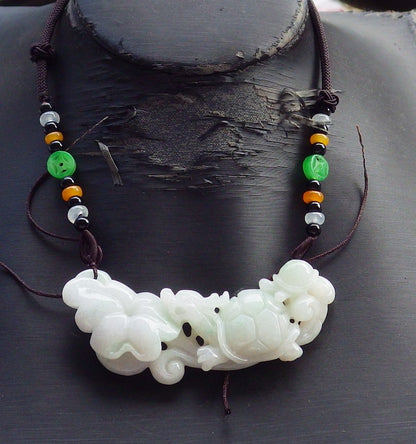 Certified Hand Carved Green Natural Myanmar Burma A Jade Jadeite Dragon Turtle Ruyi Pendant Necklace