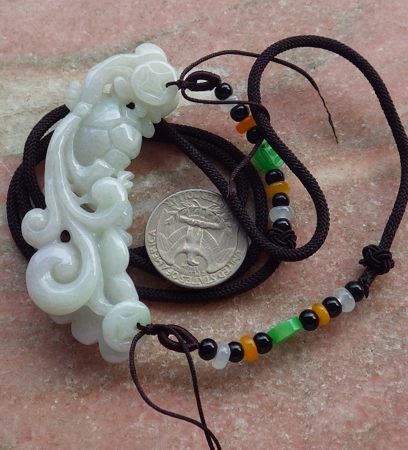 Certified Hand Carved Green Natural Myanmar Burma A Jade Jadeite Dragon Turtle Ruyi Pendant Necklace