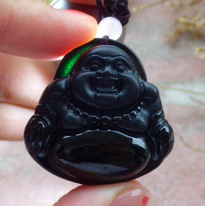 Certified Hand Carved Dark Green Black Natural Myanmar Burma A Jade Jadeite Happy Buddha God Pendant Necklace