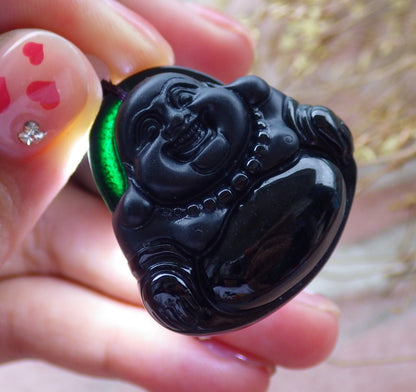 Certified Hand Carved Dark Green Black Natural Myanmar Burma A Jade Jadeite Happy Buddha God Pendant Necklace