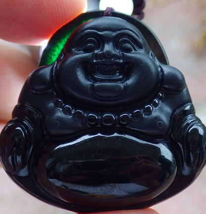 Certified Hand Carved Dark Green Black Natural Myanmar Burma A Jade Jadeite Happy Buddha God Pendant Necklace