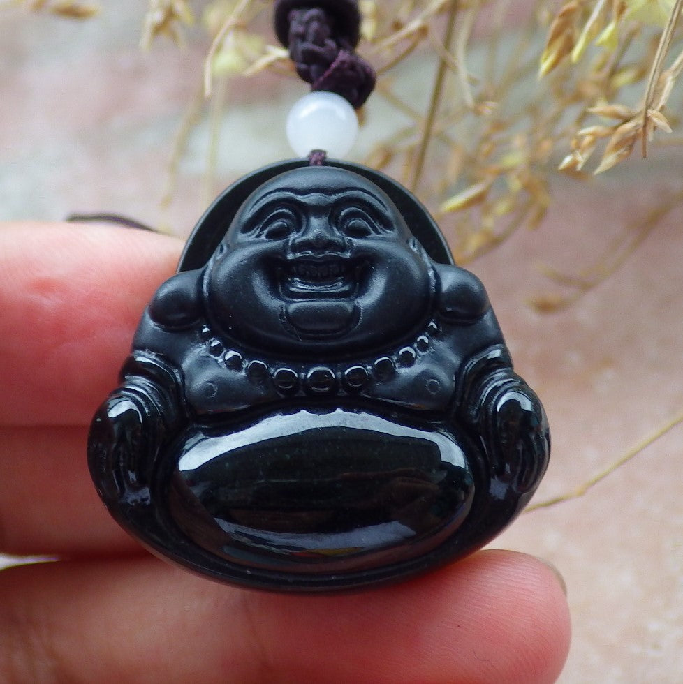 Certified Hand Carved Dark Green Black Natural Myanmar Burma A Jade Jadeite Happy Buddha God Pendant Necklace