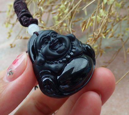 Certified Hand Carved Dark Green Black Natural Myanmar Burma A Jade Jadeite Happy Buddha God Pendant Necklace