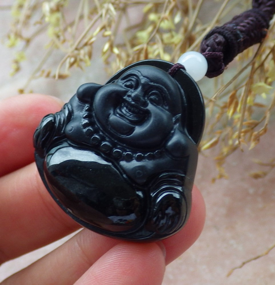 Certified Hand Carved Dark Green Black Natural Myanmar Burma A Jade Jadeite Happy Buddha God Pendant Necklace