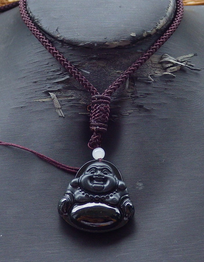 Certified Hand Carved Dark Green Black Natural Myanmar Burma A Jade Jadeite Happy Buddha God Pendant Necklace
