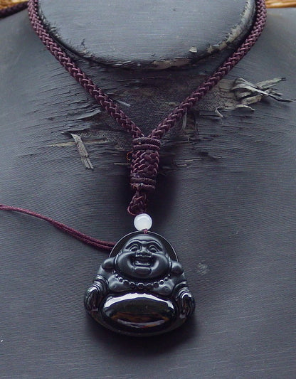 Certified Hand Carved Dark Green Black Natural Myanmar Burma A Jade Jadeite Happy Buddha God Pendant Necklace