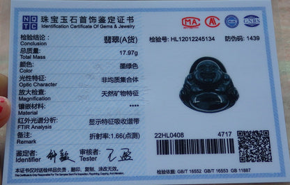 Certified Hand Carved Dark Green Black Natural Myanmar Burma A Jade Jadeite Happy Buddha God Pendant Necklace