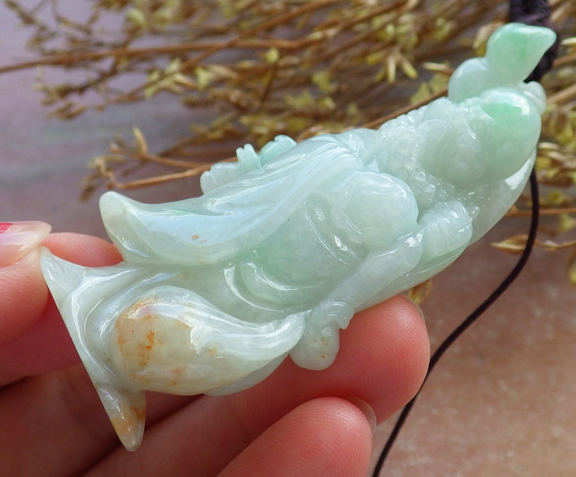 Certified Hand Carved Green Natural Burma A Jade jadeite Da Mo Buddha God Bag Pendant Necklace