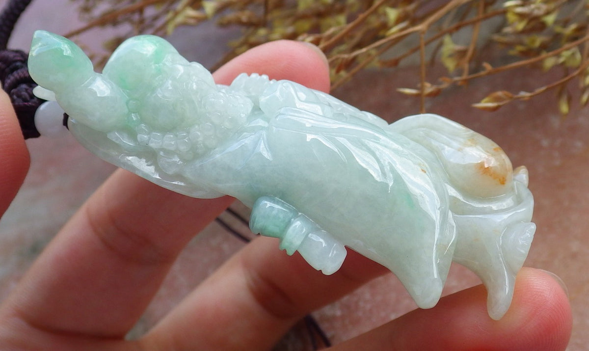 Certified Hand Carved Green Natural Burma A Jade jadeite Da Mo Buddha God Bag Pendant Necklace
