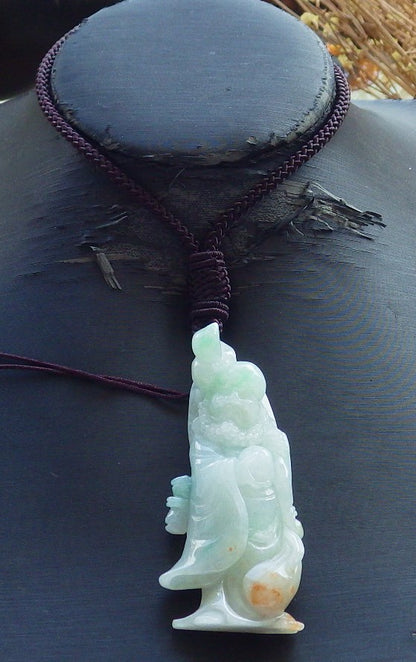 Certified Hand Carved Green Natural Burma A Jade jadeite Da Mo Buddha God Bag Pendant Necklace