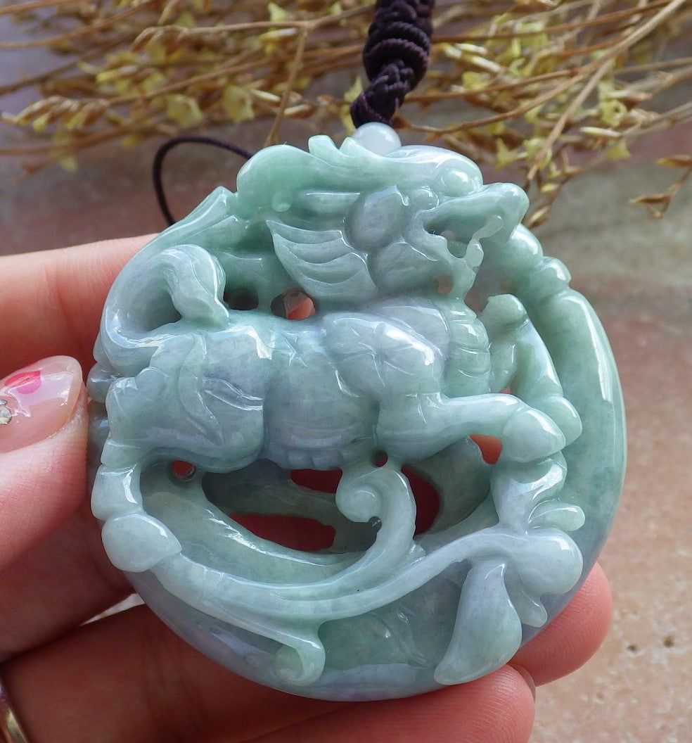 Certified Hand Carved Lavender Natural Myanmar Burma A Jade jadeite Dragon Kai Lun Pendant Necklace