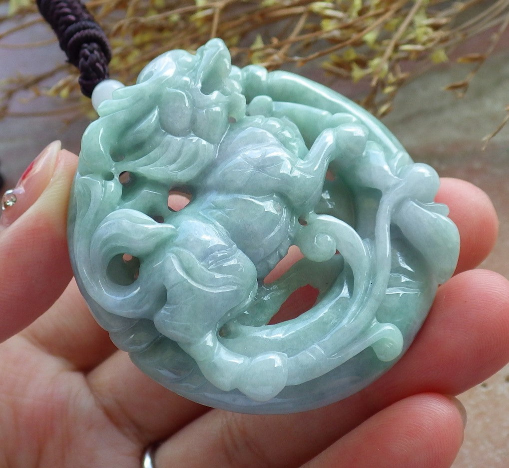 Certified Hand Carved Lavender Natural Myanmar Burma A Jade jadeite Dragon Kai Lun Pendant Necklace
