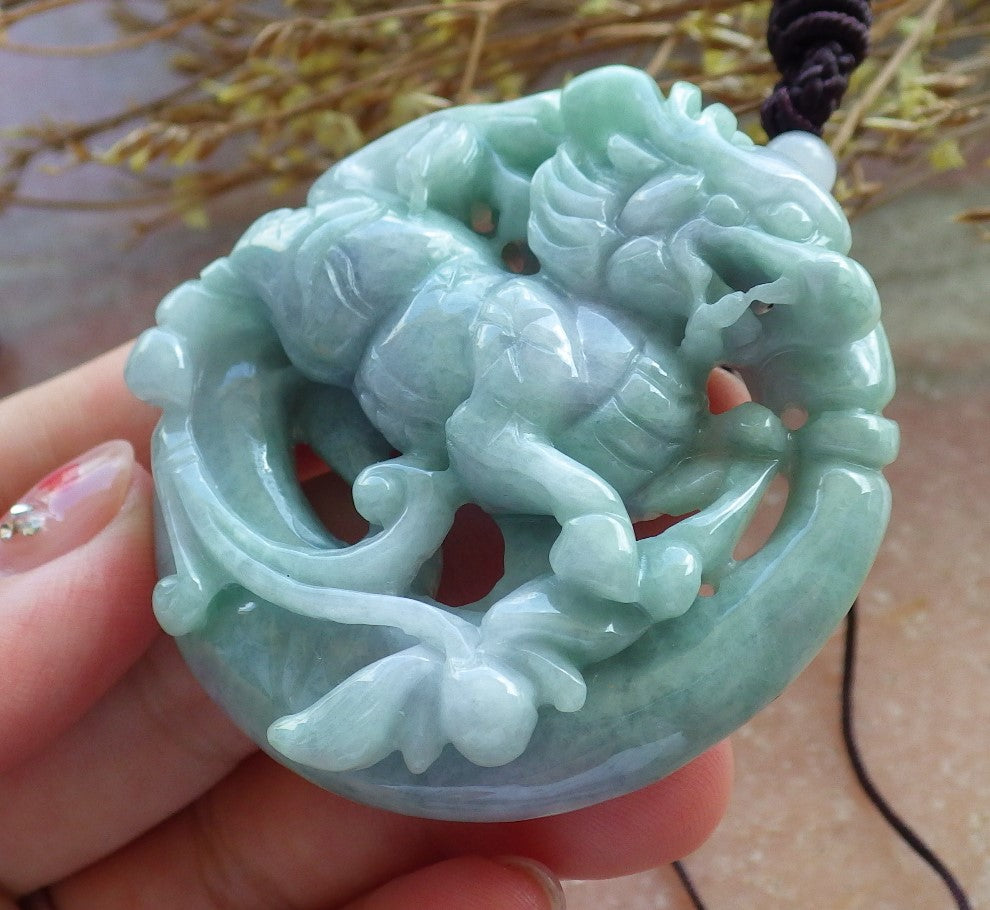 Certified Hand Carved Lavender Natural Myanmar Burma A Jade jadeite Dragon Kai Lun Pendant Necklace