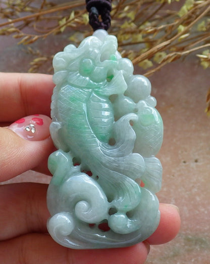 Certified Hand Carved Green Natural Myanmar Burma Grade A Jade Jadeite Dragon Fish Ruyi Pendant Necklace