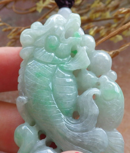 Certified Hand Carved Green Natural Myanmar Burma Grade A Jade Jadeite Dragon Fish Ruyi Pendant Necklace