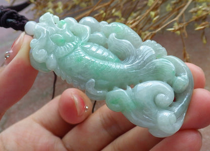 Certified Hand Carved Green Natural Myanmar Burma Grade A Jade Jadeite Dragon Fish Ruyi Pendant Necklace