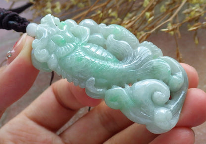 Certified Hand Carved Green Natural Myanmar Burma Grade A Jade Jadeite Dragon Fish Ruyi Pendant Necklace