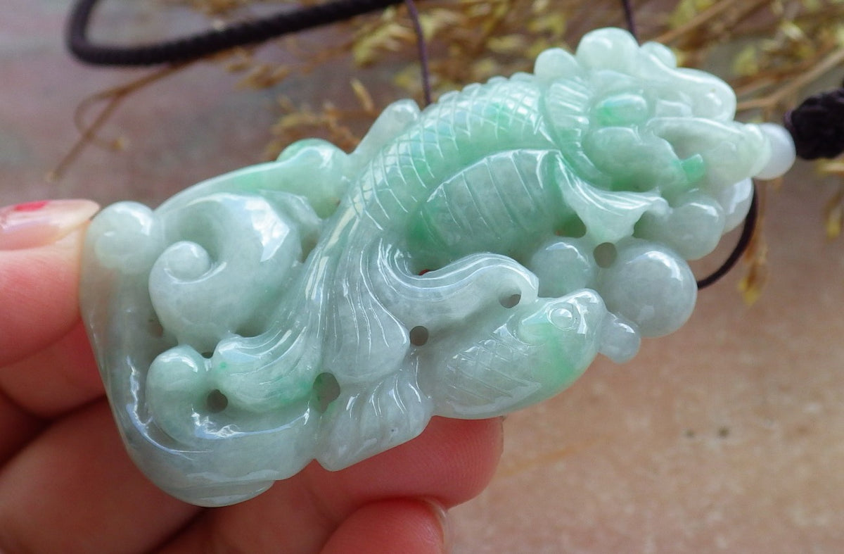 Certified Hand Carved Green Natural Myanmar Burma Grade A Jade Jadeite Dragon Fish Ruyi Pendant Necklace