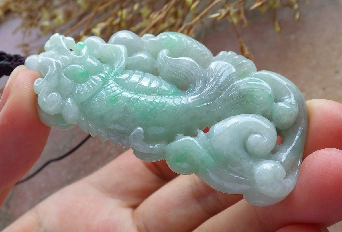 Certified Hand Carved Green Natural Myanmar Burma Grade A Jade Jadeite Dragon Fish Ruyi Pendant Necklace