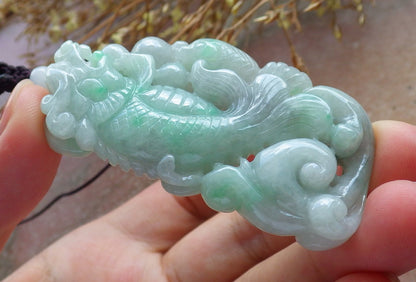 Certified Hand Carved Green Natural Myanmar Burma Grade A Jade Jadeite Dragon Fish Ruyi Pendant Necklace
