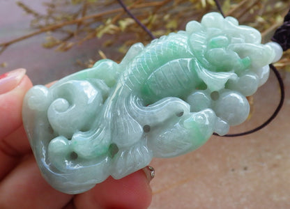 Certified Hand Carved Green Natural Myanmar Burma Grade A Jade Jadeite Dragon Fish Ruyi Pendant Necklace