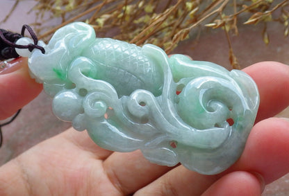 Certified Hand Carved Green Natural Myanmar Burma Grade A Jade Jadeite Dragon Fish Ruyi Pendant Necklace