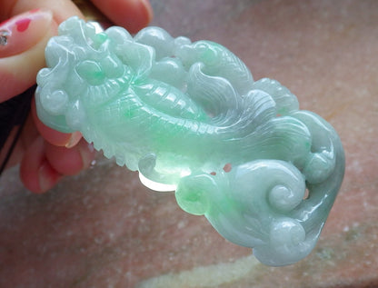 Certified Hand Carved Green Natural Myanmar Burma Grade A Jade Jadeite Dragon Fish Ruyi Pendant Necklace