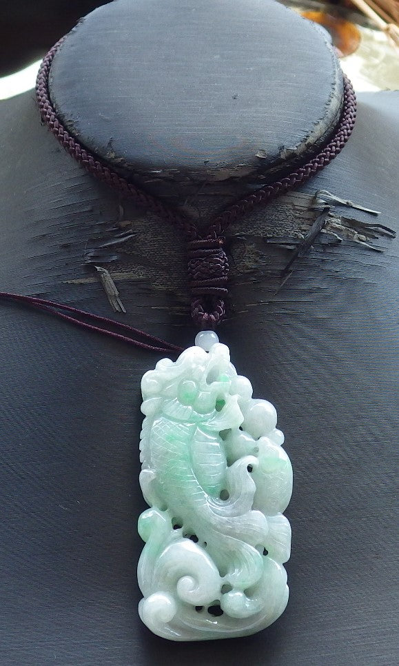 Certified Hand Carved Green Natural Myanmar Burma Grade A Jade Jadeite Dragon Fish Ruyi Pendant Necklace
