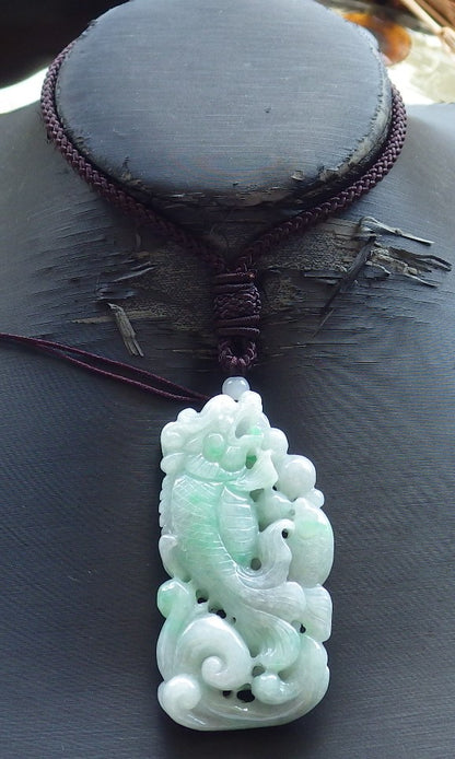 Certified Hand Carved Green Natural Myanmar Burma Grade A Jade Jadeite Dragon Fish Ruyi Pendant Necklace