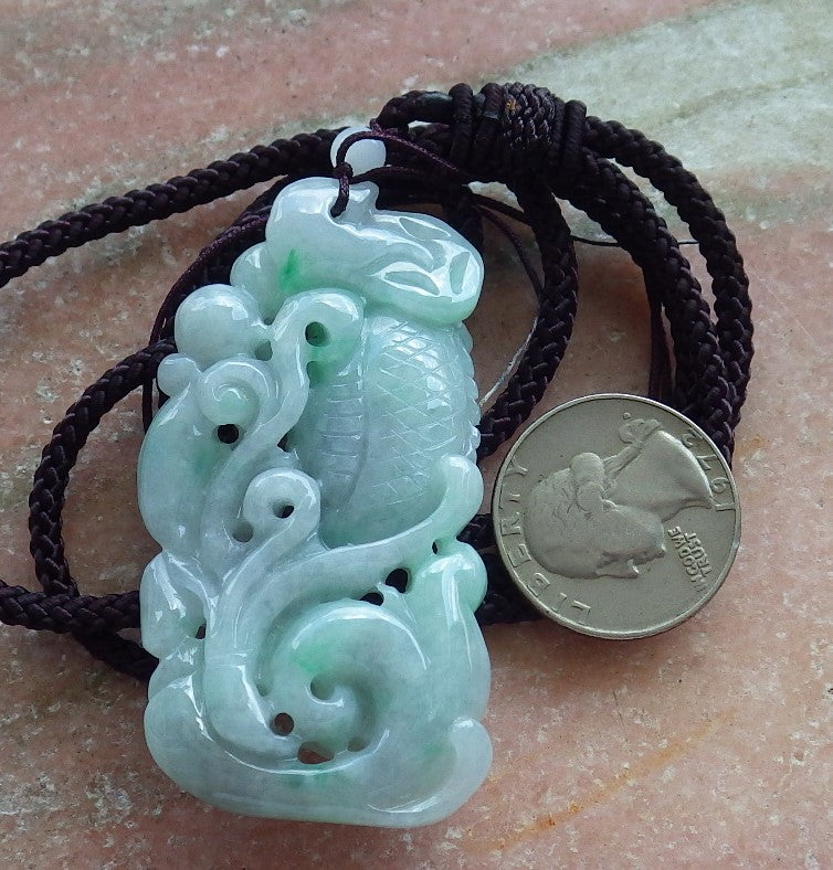 Certified Hand Carved Green Natural Myanmar Burma Grade A Jade Jadeite Dragon Fish Ruyi Pendant Necklace