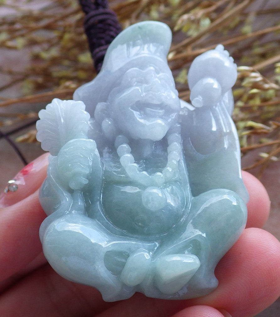 Certified Hand Carved Green Natural Myanmar Burma Grade A Jade jadeite Ji Kung Buddha God Pendant Necklace