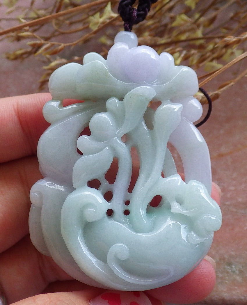 Certified Hand Carved Natural Myanmar Burma A Jade jadeite Frog Toad Lotus Peach Pendant Necklace