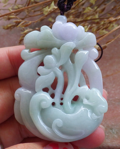 Certified Hand Carved Natural Myanmar Burma A Jade jadeite Frog Toad Lotus Peach Pendant Necklace