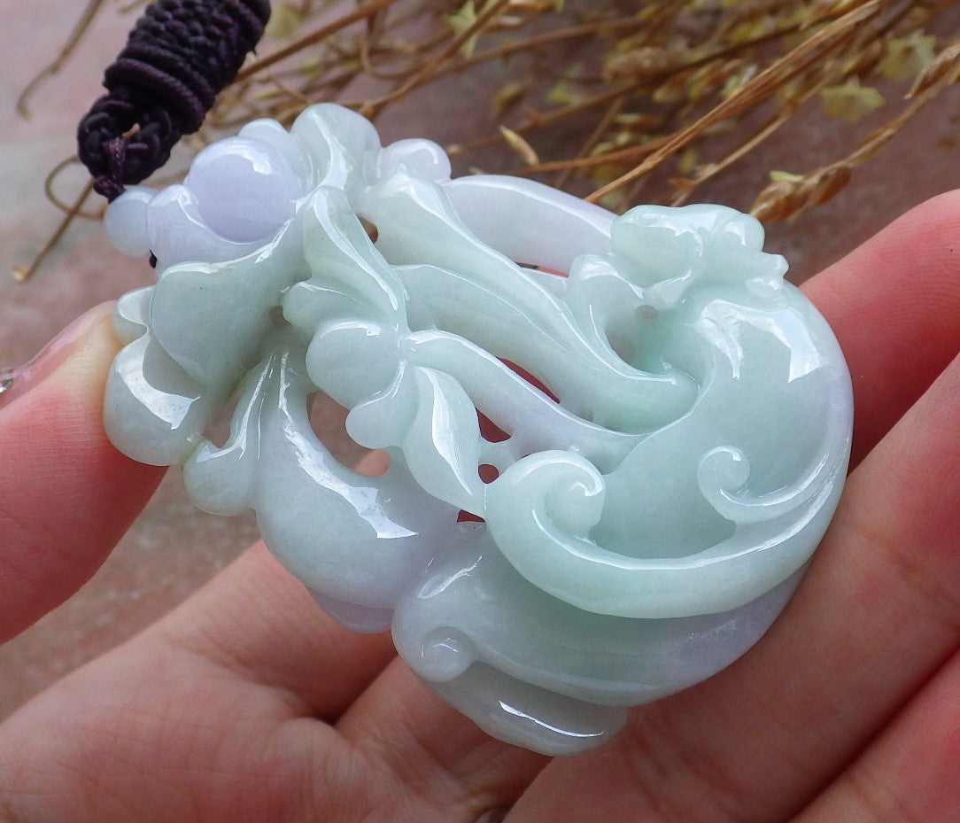 Certified Hand Carved Natural Myanmar Burma A Jade jadeite Frog Toad Lotus Peach Pendant Necklace