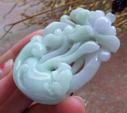 Certified Hand Carved Natural Myanmar Burma A Jade jadeite Frog Toad Lotus Peach Pendant Necklace