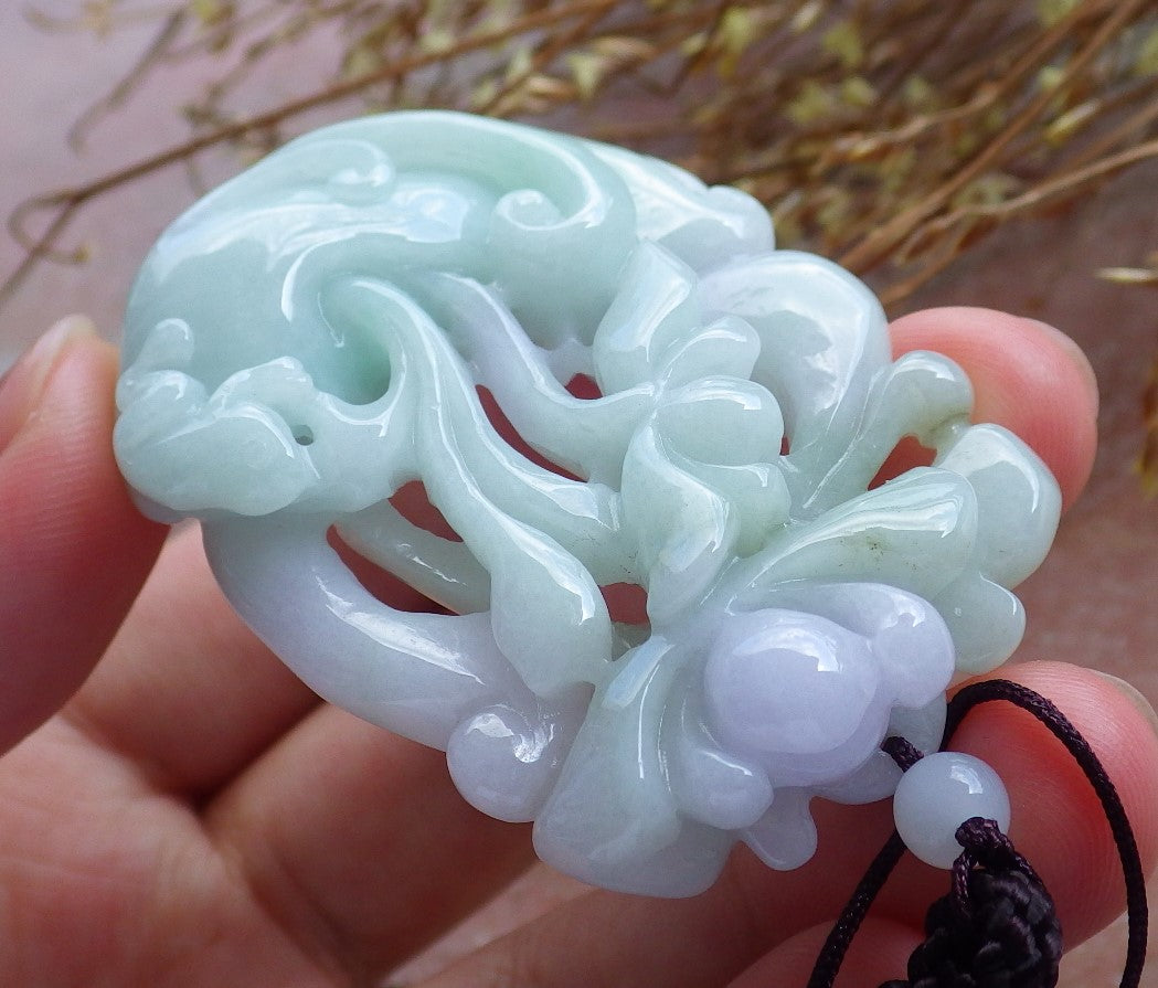 Certified Hand Carved Natural Myanmar Burma A Jade jadeite Frog Toad Lotus Peach Pendant Necklace