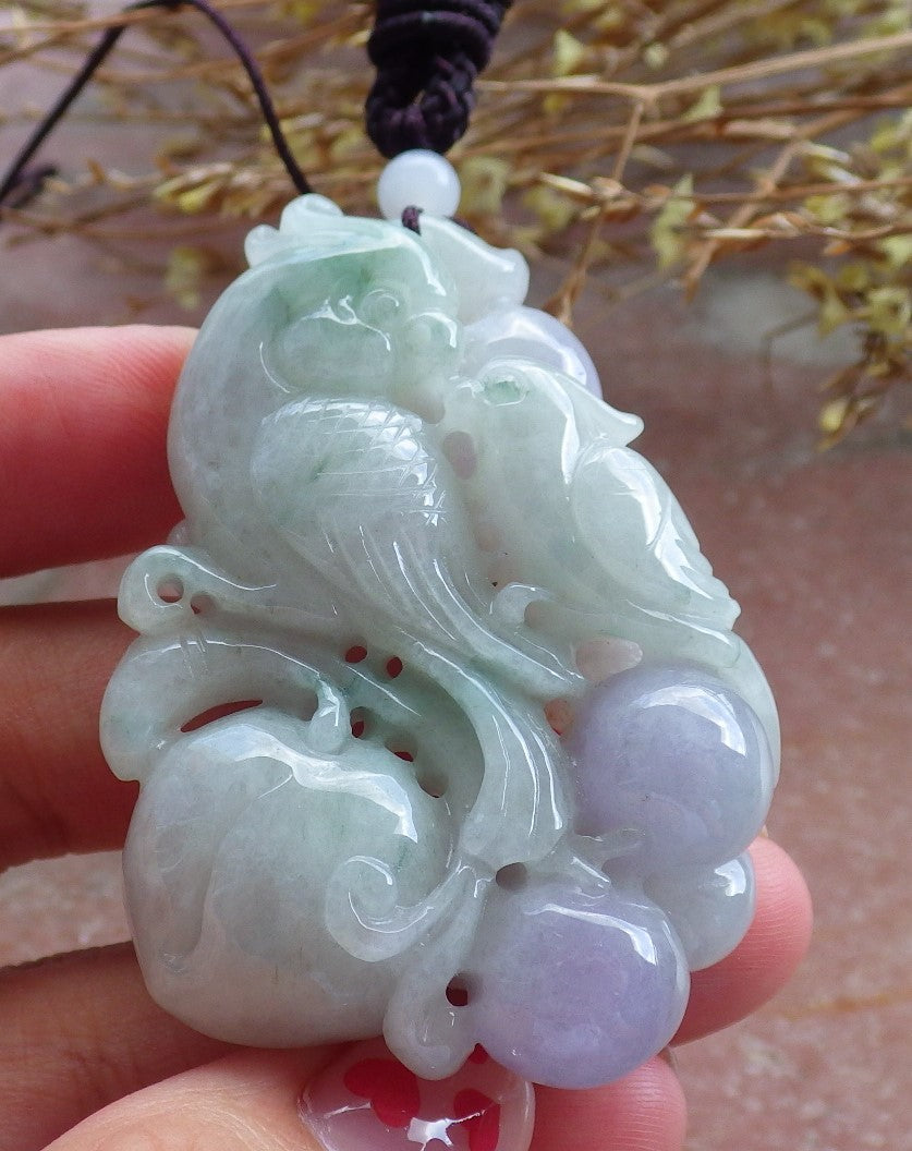 Certified Hand Carved Natural Myanmar Burma Grade A Jade jadeite Phoenix Bird Parrot Ruyi Lucky Amulet Pendant Necklace