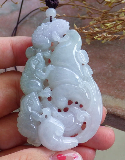 Certified Hand Carved Natural Myanmar Burma A Jade jadeite Frog Toad Lotus Lucky Amulet Pendant Necklace