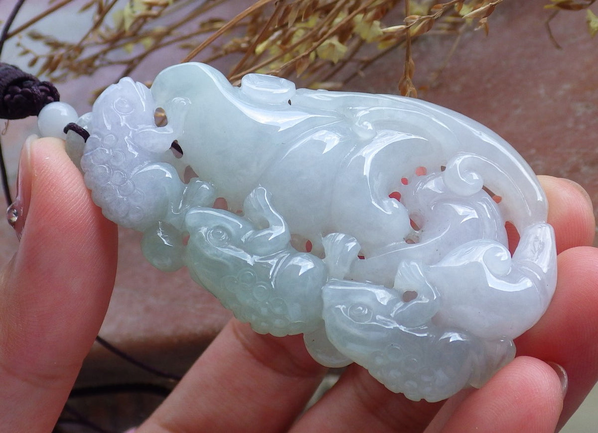 Certified Hand Carved Natural Myanmar Burma A Jade jadeite Frog Toad Lotus Lucky Amulet Pendant Necklace