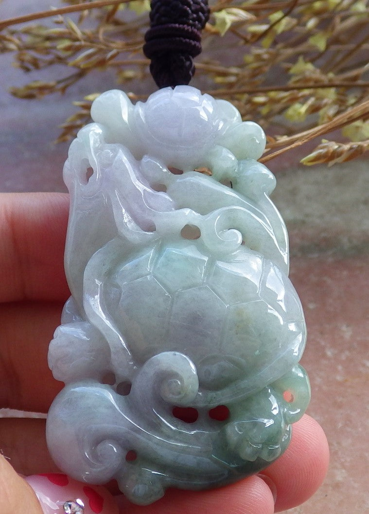 Certified Hand Carved Green Natural Myanmar Burma A Jade Jadeite Dragon Turtle Ruyi Pendant Necklace